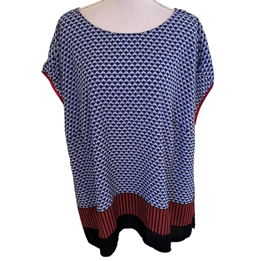 Vince Camuto Red/White/Blue Geometric Print Poncho Style Blouse Pullover